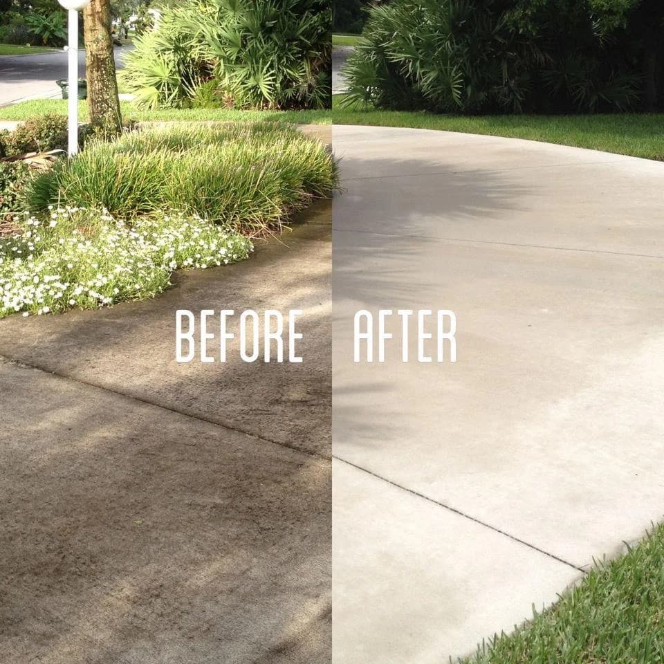 Before and after pressure washing a driveway
