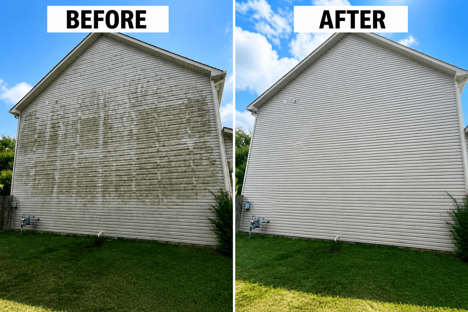 Before and after soft washing a house exterior