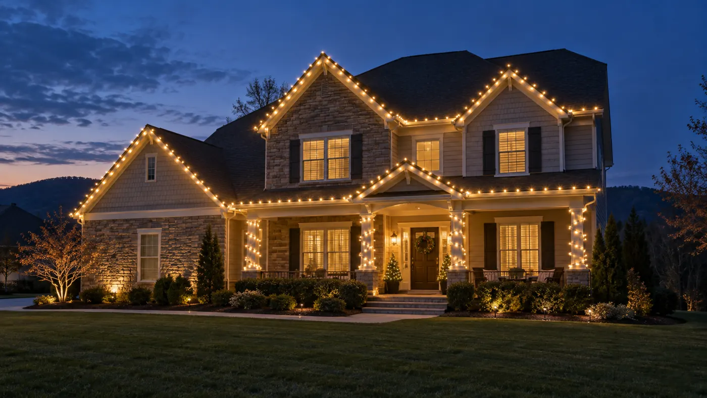 Home with warm white holiday lights along the roofline and front entry at dusk